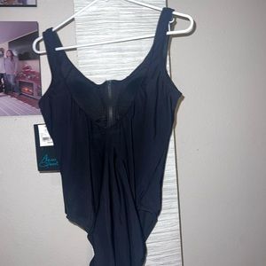 Aqua green one piece black bathing suit